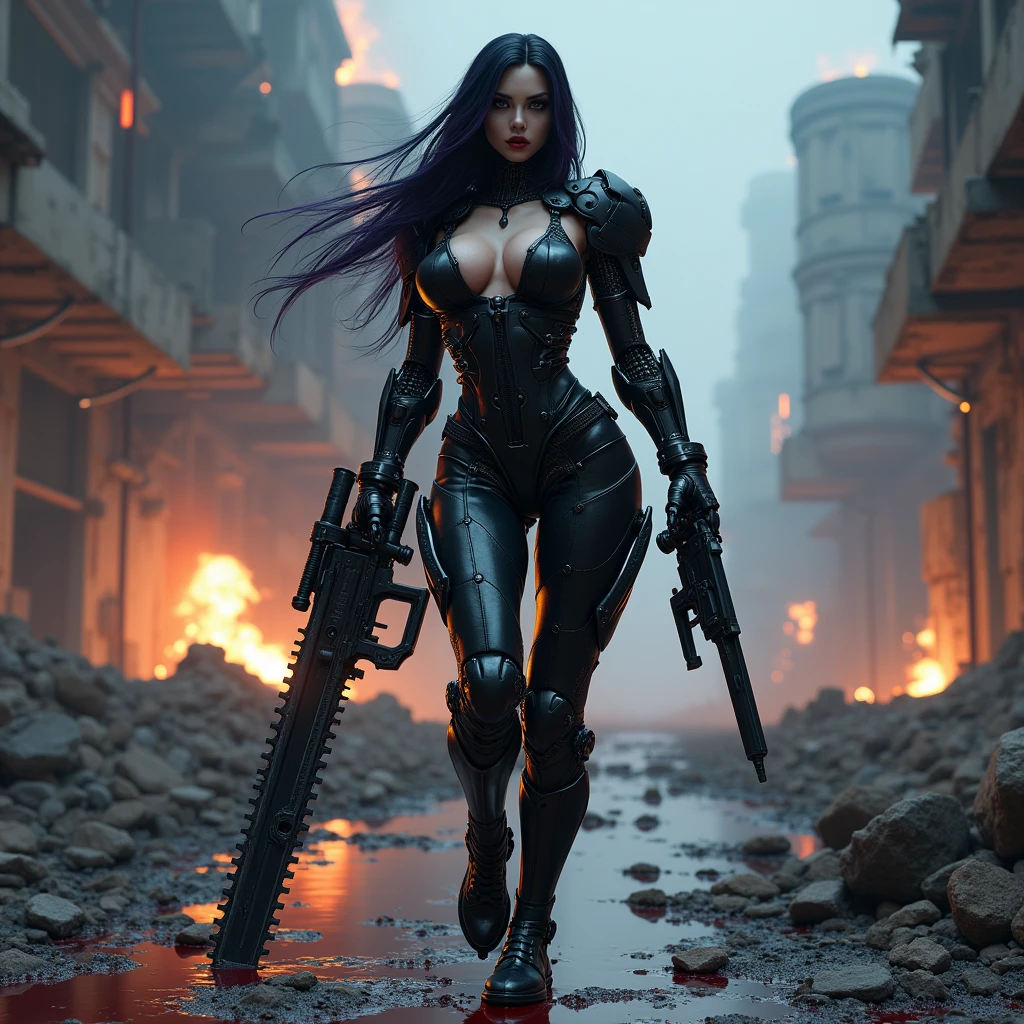 full body pose, wearing a mechanical suit, high heel boots,Mechanical wonder, Cyberpunk, Cybernetic Guardian, futuristic black armor, full body, front pose, symmetry, intricate (steel metal [rust]), joints, warframe style, cyborg, Most beautiful female body and revealing armor, large breast, seductive, temptation, eat your soul, cleavage, covered in blood, long flowing black hair with purple highlights, heavy gothic makeup, at night, blood puddles on the ground, wartorn ruins, stiletto heels, Holding a futuristic Chainsaw sword and a futuristic rifle, full body action pose, full body combat pose, full war around her, explosions and fire 