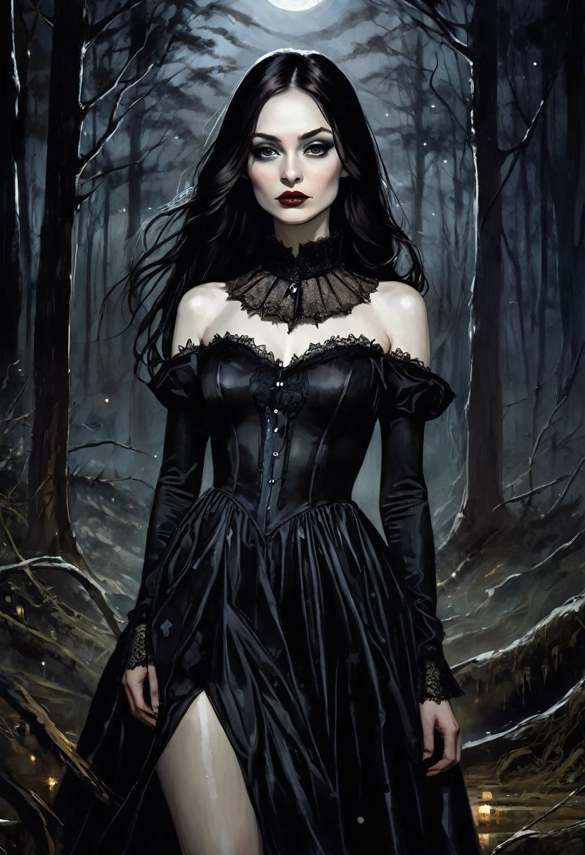 portrait, elegant frame, sexy monster girl, long dark-brown straight hair, sexy, small breasts, sexsexsex, dirty black booger costume, elegant victorian era dress, magic, fantasy, sinister forest background at night, with stars and nebulaeeroticism, sexy, black and white image, between shadows, oil painting, chiaroscuro, sensual, dramatic lighting, moody atmosphere, photorealistic, intricate details, masterpiece, ultra-detailed, high quality, 8k, best quality, realistic, cinematic, dark and brooding, expressionistic, powerful composition, emotional impact, art inspired by Bill Sienkiewicz and Dave McKean
