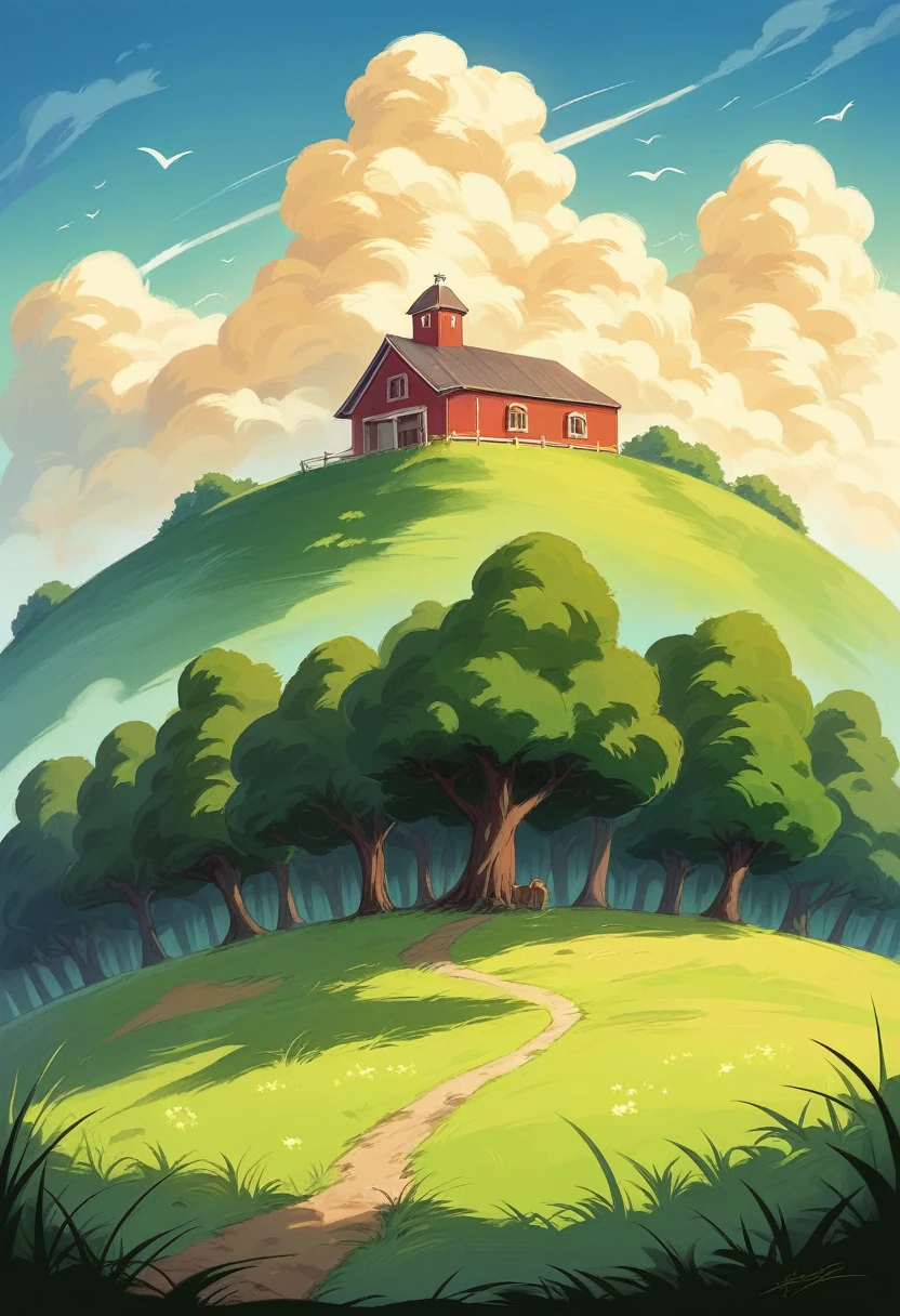 Viral anime nature wallpaper in quality, in the style of digital illustration inspired by Satoshi Kon, A picturesque landscape with a small house in a grassy field. The sky is filled with fluffy white clouds, and there is a tall, green tree on the right side of the image. The whole scene is bathed in a warm, golden light. The imag