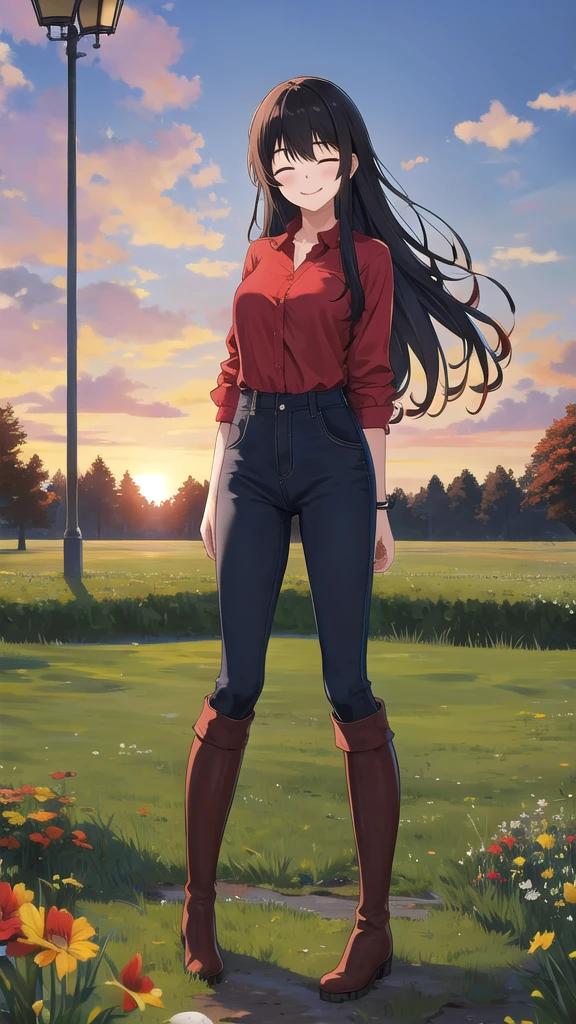 Young woman, high, god, black hair, close eyes, smile, solo, One, costs, field, sunset, checkered shirt, Red shirt, pants, red knee-high boots, looking at the viewer, 8k, red boots, tapes, lamppost, super rear view, ultra quality, home, jewelry, leather boots, knee-high boots,