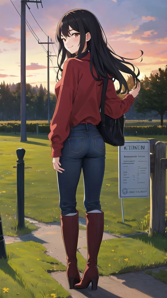 Young woman, high, god, black hair, close eyes, smile, solo, One, costs, field, sunset, checkered shirt, Red shirt, pants, red knee-high boots, looking at the viewer, 8k, red boots, tapes, lamppost, super rear view, ultra quality, home, jewelry, leather boots, knee-high boots, 