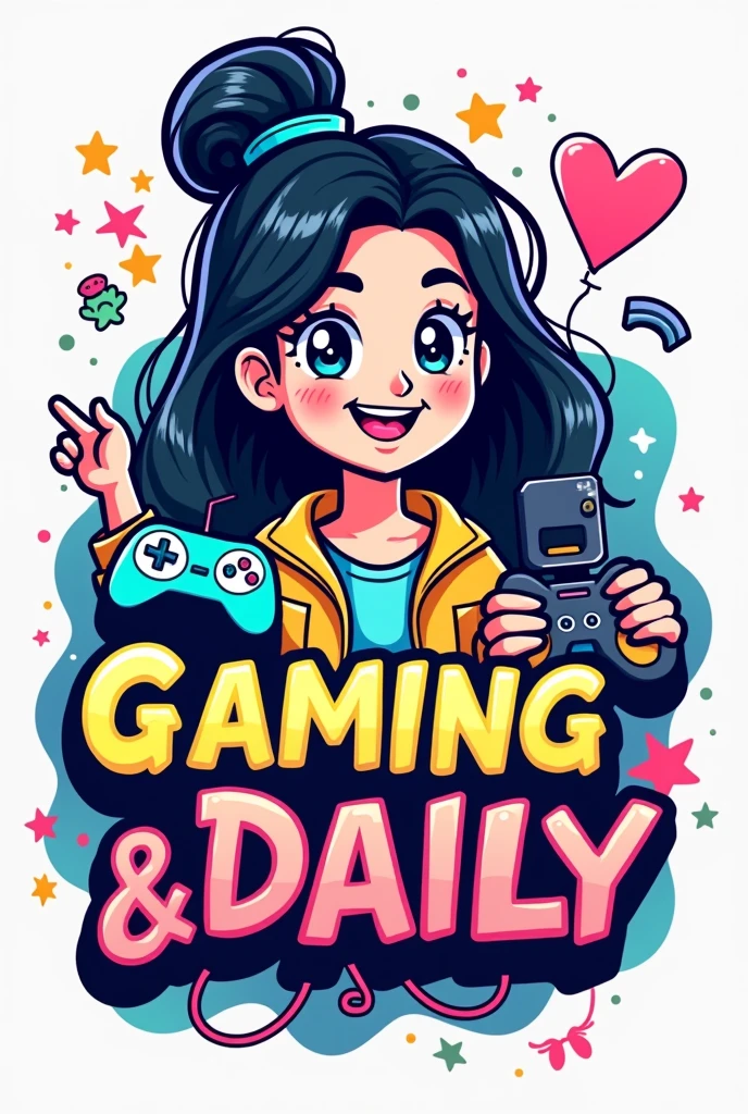 Design a vibrant logo for the YouTube channel "Eu Nick Manu," run by a  focused on games and routines. Use playful, modern typography. Incorporate gaming icons like a controller and elements of daily life, such as a clock. Use bright colors like electric blue, neon green, and yellow. Ensure a cartoonish style with a transparent background. I am girl. 