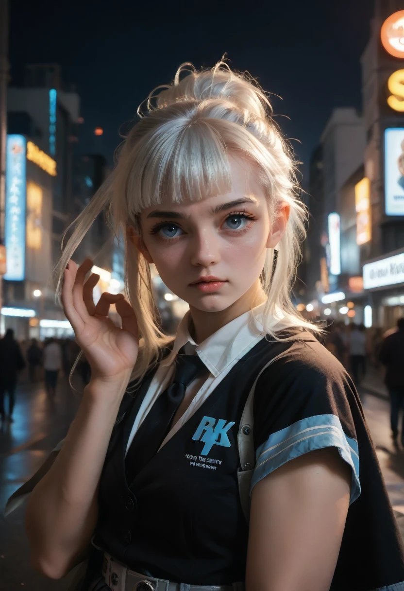 (8k, RAW photo, masterpiece:1.3), (realistic, photo-realistic:1.37), (night), (looking at viewer:1.331), (white hair), posing, Tokyo street, nightcityscape, cyberpunk city, soft light, 1girl, extremely beautiful face, bust, put down hands, Random hairstyle, Random expression, big eyes, lower abdomen, (short-sleeved .JK_shirt), JK_style, (dark blue JK_skirt), (bow JK_tie), mix4., best quality