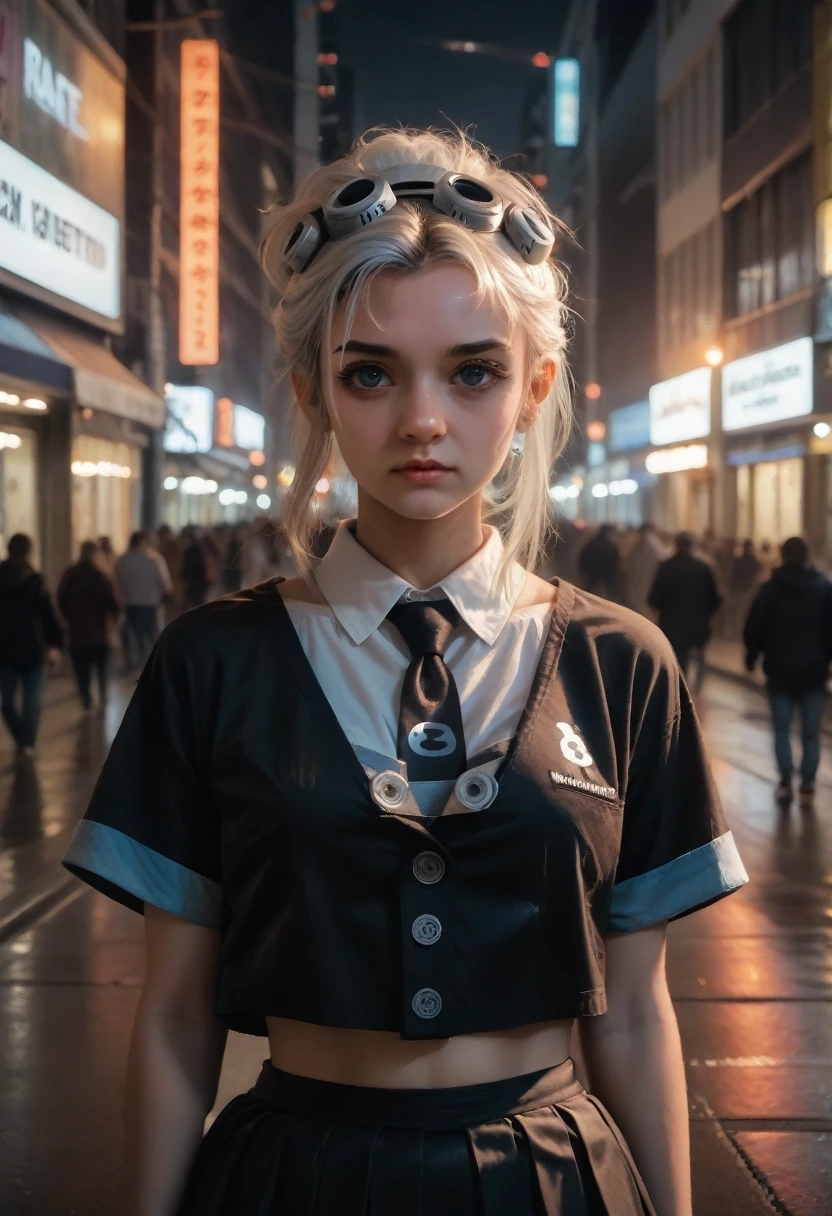 (8k, RAW photo, masterpiece:1.3), (realistic, photo-realistic:1.37), (night), (looking at viewer:1.331), (white hair), posing, Tokyo street, nightcityscape, cyberpunk city, soft light, 1girl, extremely beautiful face, bust, put down hands, Random hairstyle, Random expression, big eyes, lower abdomen, (short-sleeved .JK_shirt), JK_style, (dark blue JK_skirt), (bow JK_tie), mix4., best quality