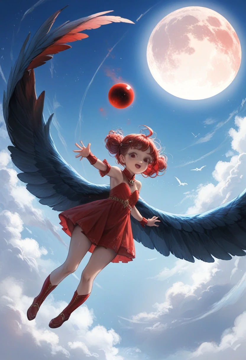 young girls flying costume with wings magic the moon and sun full red giant enchantment red blue giant moons
