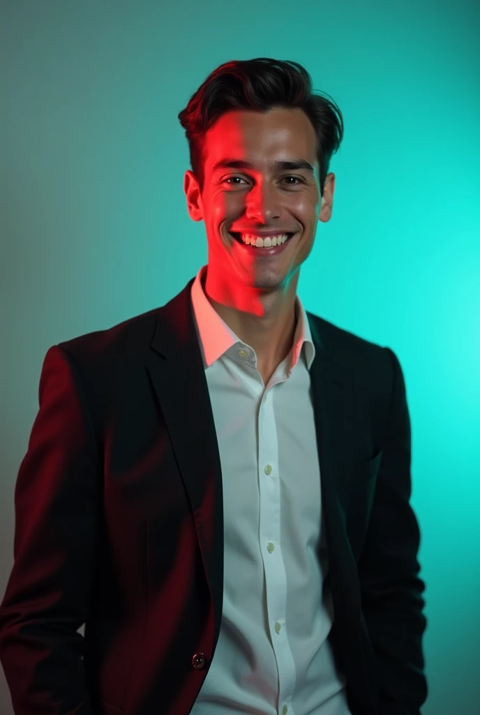 A young man with dark hair and a confident smile. He is dressed in a black blazer over a white shirt. The man is positioned against aqua colour backdro6 with a subtle red lighting on the left side. and he posing for Linkedin profile