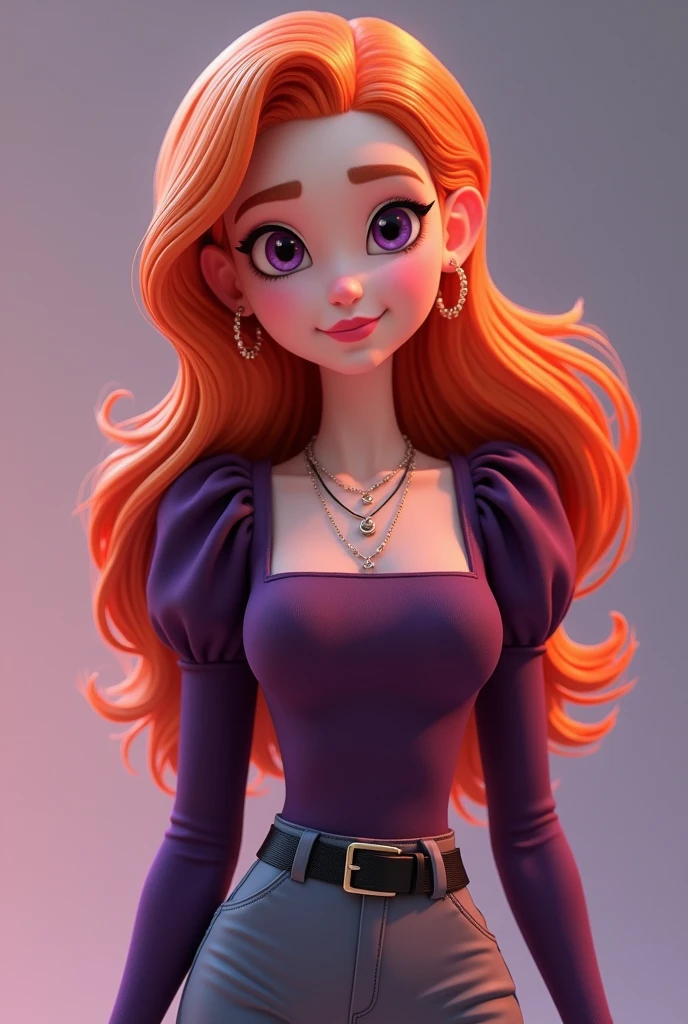 Vanessa is a very beautiful fifteen-year-old girl with snow-white skin, She has long, wavy, bright light orange hair that is usually styled half up with two strands falling down her beautiful face.,She has almond-shaped eyes, a light lilac purple color., her face is heart-shaped and she has a small nose and salmon pink lips, She wears a dark purple tight-fitting long-sleeved shirt with puffed arms and a square cut at the top of the chest but without being low-cut, in addition to wearing three necklaces., He is wearing smart grey trousers with a thin black leather belt and black ankle boots..((3D style)) ((Style Miraculous ladybug)).
