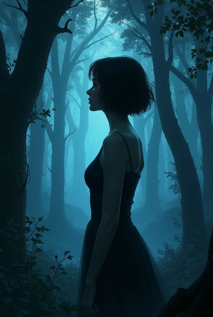 Book cover,  background a night forest, Profile of the girl with her back turned, short black hair, white skin.