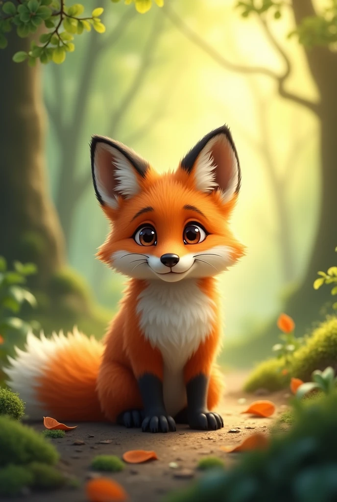 A cute brown fox ready to go hunting,hunting stance,Background morning forest,Cute realistic style