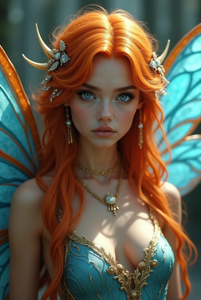 An adult fairy with long fiery orange hair with white highlights, which is about 20 years old. she has blue eyes, blue-orange shimmering wings. She has a serious expression on her face.