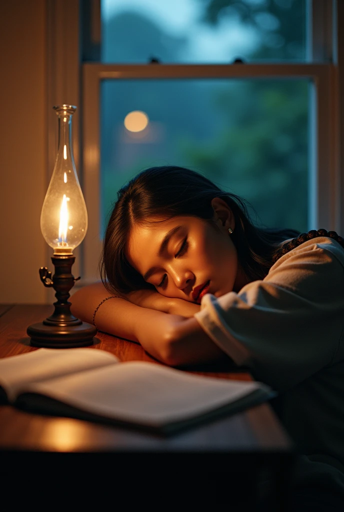 Profile picture filipino lady with shoulder length braids sleeping on desk in front of winder with oil lamp near her