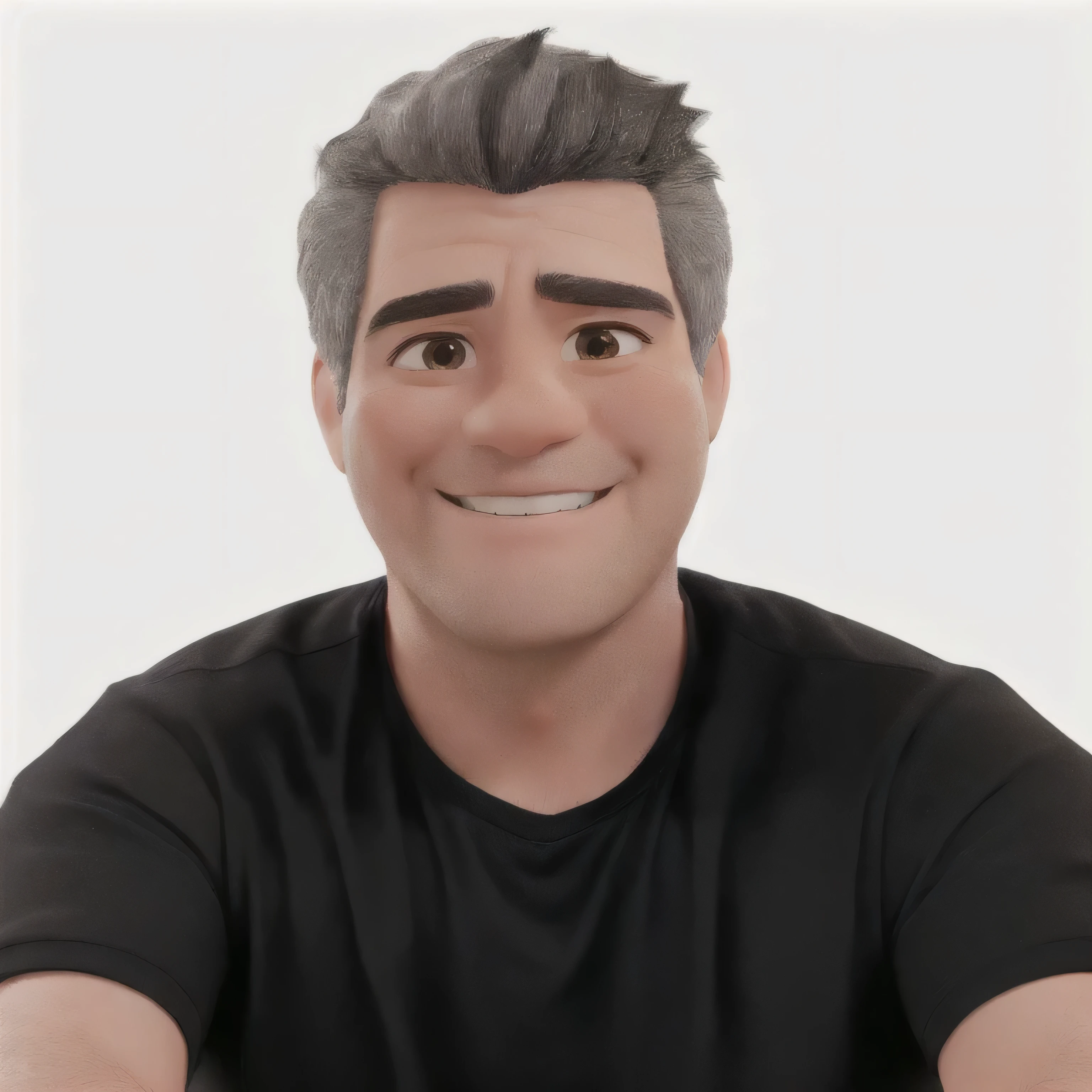 Man, 5, short graying black hair, black polo shirt, smiling, big eyes, chin wrinkle, no facial hair.
headshot, pure white background.