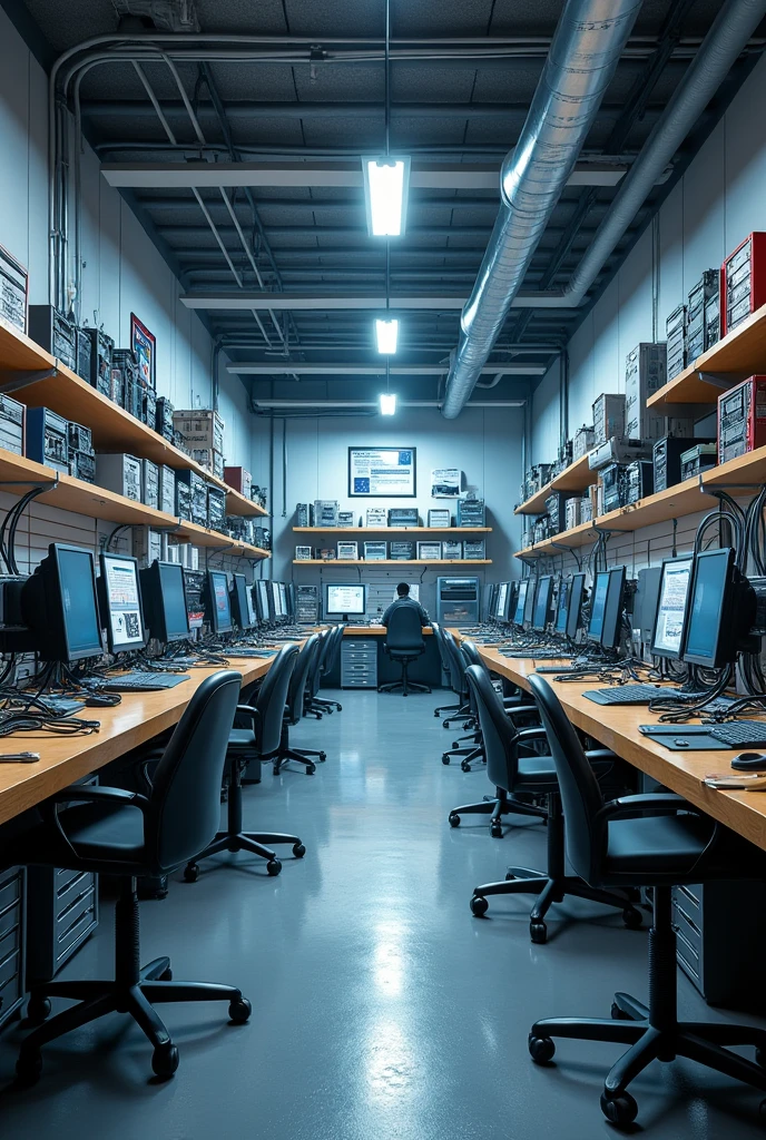 computer repair shop, where no people appear 