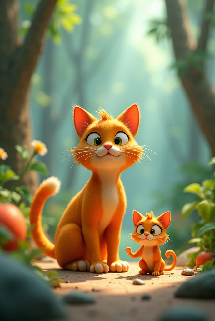 • Mango Cat and Motu Shrinking: "Mango Cat and Motu shrinking into tiny, miniature versions of themselves after touching the magical stone. The environment around them looks gigantic, with towering trees and oversized plants."3D cartoon style