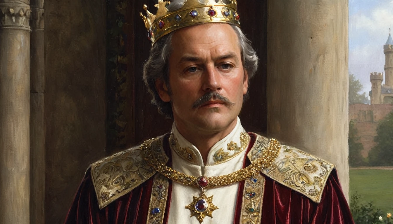 A close-up of a medieval king in the style of Edmund Blair Leighton. The king is depicted in rich, detailed attire, with a golden crown intricately designed, featuring jewels that catch the light. His face is noble and serene, with a dignified expression, embodying the ideals of chivalry and honor. He wears a luxurious robe with intricate embroidery, and a fur-lined mantle drapes over his shoulders. The background is softly blurred, focusing attention on the king's face and attire, with warm, natural lighting that enhances the regal atmosphere and the texture of the materials., Surrealism, Hyperrealism, UHD, masterpiece, accurate, anatomically correct, award winning, 16k