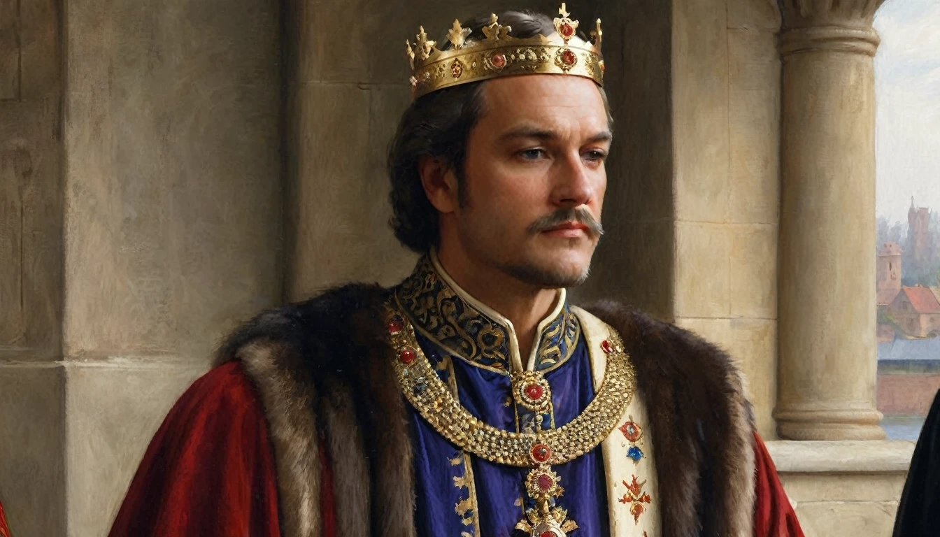 A close-up of a medieval king in the style of Edmund Blair Leighton. The king is depicted in rich, detailed attire, with a golden crown intricately designed, featuring jewels that catch the light. His face is noble and serene, with a dignified expression, embodying the ideals of chivalry and honor. He wears a luxurious robe with intricate embroidery, and a fur-lined mantle drapes over his shoulders. The background is softly blurred, focusing attention on the king's face and attire, with warm, natural lighting that enhances the regal atmosphere and the texture of the materials., Surrealism, Hyperrealism, UHD, masterpiece, accurate, anatomically correct, award winning, 16k