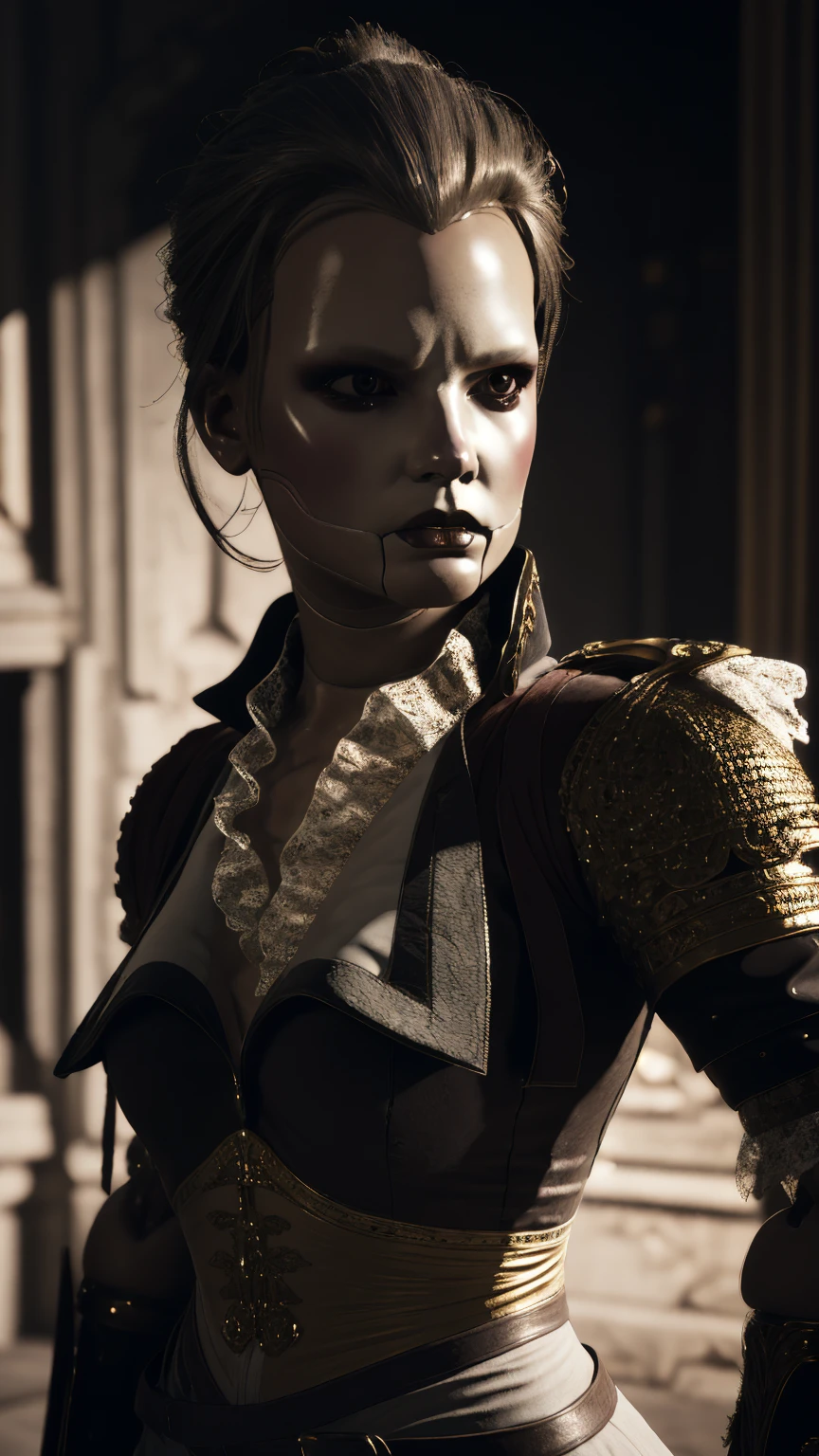 aegis from steelrising, porcelain face, 18th century French military uniform, combat poses, highly detailed, photorealistic, 8k, dramatic lighting, dark moody atmosphere, chiaroscuro, rich textures, dramatic shadows, intricate details, striking facial features, piercing eyes, elegant ornate armor, fluid dynamic poses, cinematic composition, strong_negative 