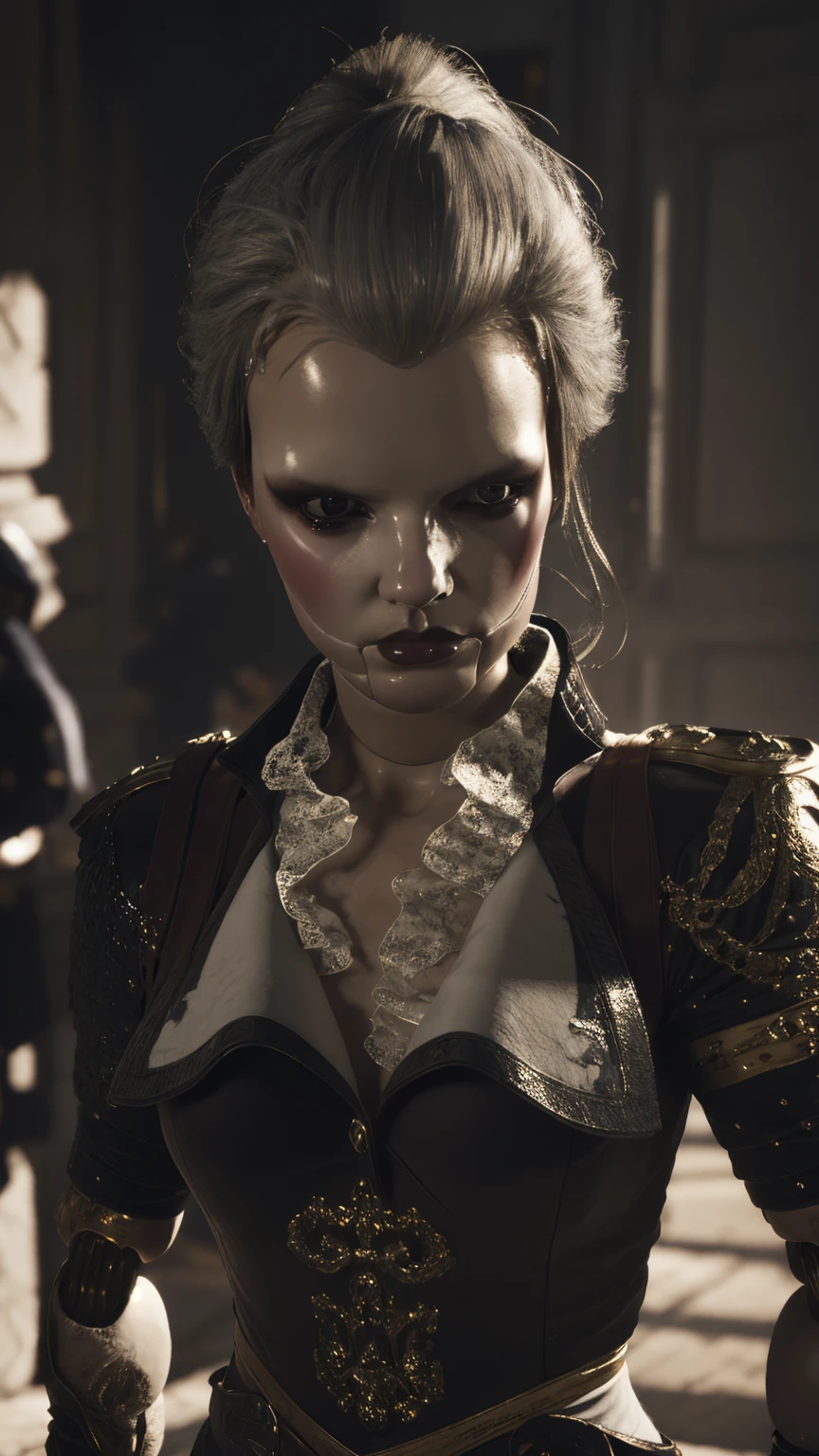 aegis from steelrising, porcelain face, 18th century French military uniform, combat poses, highly detailed, photorealistic, 8k, dramatic lighting, dark moody atmosphere, chiaroscuro, rich textures, dramatic shadows, intricate details, striking facial features, piercing eyes, elegant ornate armor, fluid dynamic poses, cinematic composition, strong_negative 