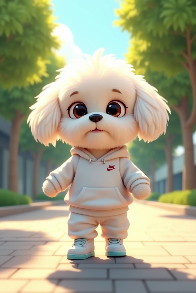 Create na image of a cartoon small dog with fluffy fur, with features similar to a bichon firsé or maltese, positioned standing in an anthropomorphic pose, as if walking on two legs. The dog is wearing a white sweatshirt set with hood, which has a small, discreet nike logo on the left side of the chest. The set includes white sweatpants that match perfectly with the sweatshirt and are fitted comfortably to the dog’s body. Which have light blue details such as the logo and the edge of the sole. The scene takes place on a sidewalk on the edge of a environment includes some green trees and appears, be a sunny day with mild weather, as the lighting in the image is bright and well distributed, creating soft shadows. The dog’s expression is neutral, with large, round eyes, creating an adorable and slightly funny look due to the outfit and posture, humanized