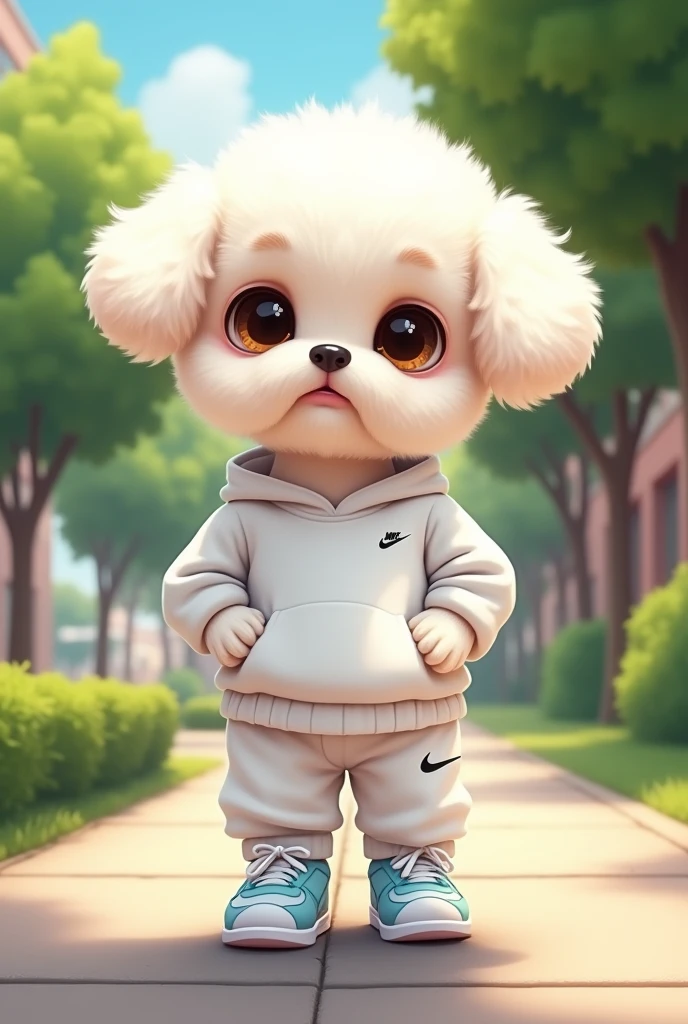 Create na image of a cartoon small dog with fluffy fur, with features similar to a bichon firsé or maltese, positioned standing in an anthropomorphic pose, as if walking on two legs. The dog is wearing a white sweatshirt set with hood, which has a small, discreet nike logo on the left side of the chest. The set includes white sweatpants that match perfectly with the sweatshirt and are fitted comfortably to the dog’s body. Which have light blue details such as the logo and the edge of the sole. The scene takes place on a sidewalk on the edge of a environment includes some green trees and appears, be a sunny day with mild weather, as the lighting in the image is bright and well distributed, creating soft shadows. The dog’s expression is neutral, with large, round eyes, creating an adorable and slightly funny look due to the outfit and posture, humanized