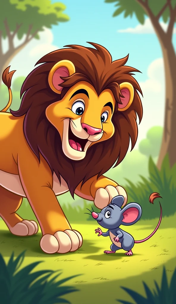 A small mouse runs around and accidentally steps on the lion's paw.
Show as cartoons 