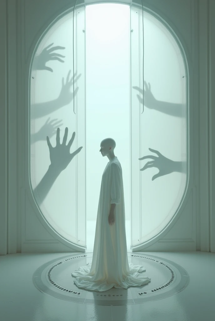 A science fiction scene with a neutral color scheme. There are transparent walls with the silhouettes of desperate hands and faces trying to communicate from other dimensions. In the center of the room, there is an androgynous person dressed in white, with their face concealed. The room has a futuristic design with curved walls and a circular pattern on the floor. The lighting is soft.