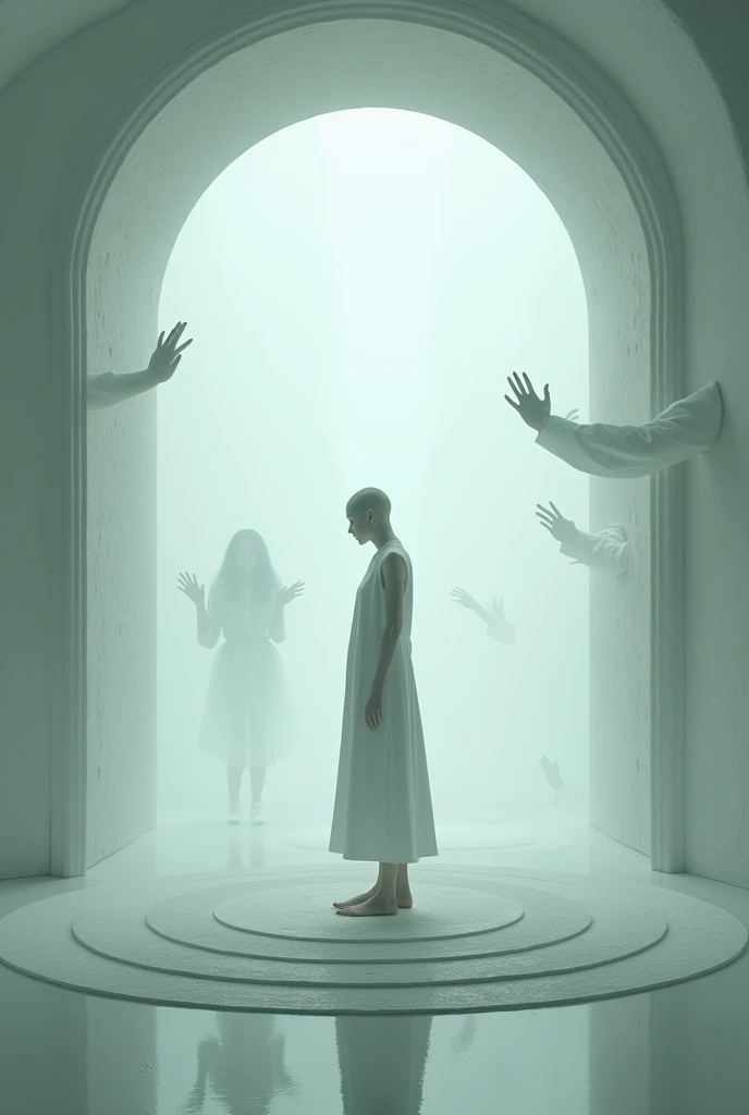 A science fiction scene with a neutral color scheme. There are transparent walls with the silhouettes of desperate hands and faces trying to communicate from other dimensions. In the center of the room, there is an androgynous person dressed in white, with their face concealed. The room has a futuristic design with curved walls and a circular pattern on the floor. The lighting is soft.