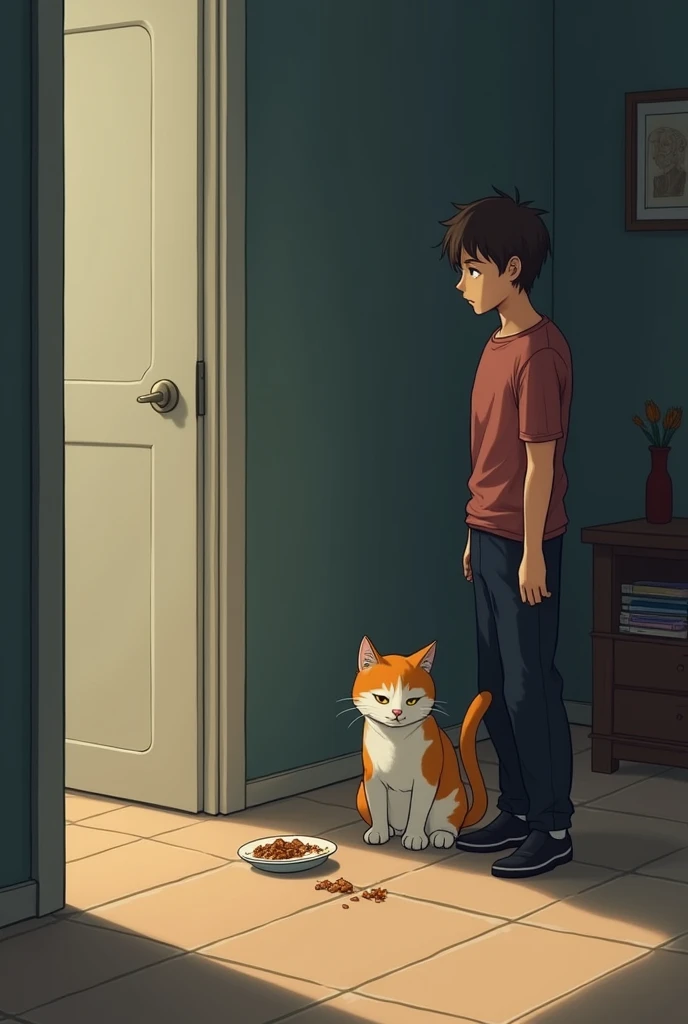 The cat sits in a corner with a small, sad-looking portion of food in front of it, clearly being put on a diet. The owner stands nearby with a stern but caring look.