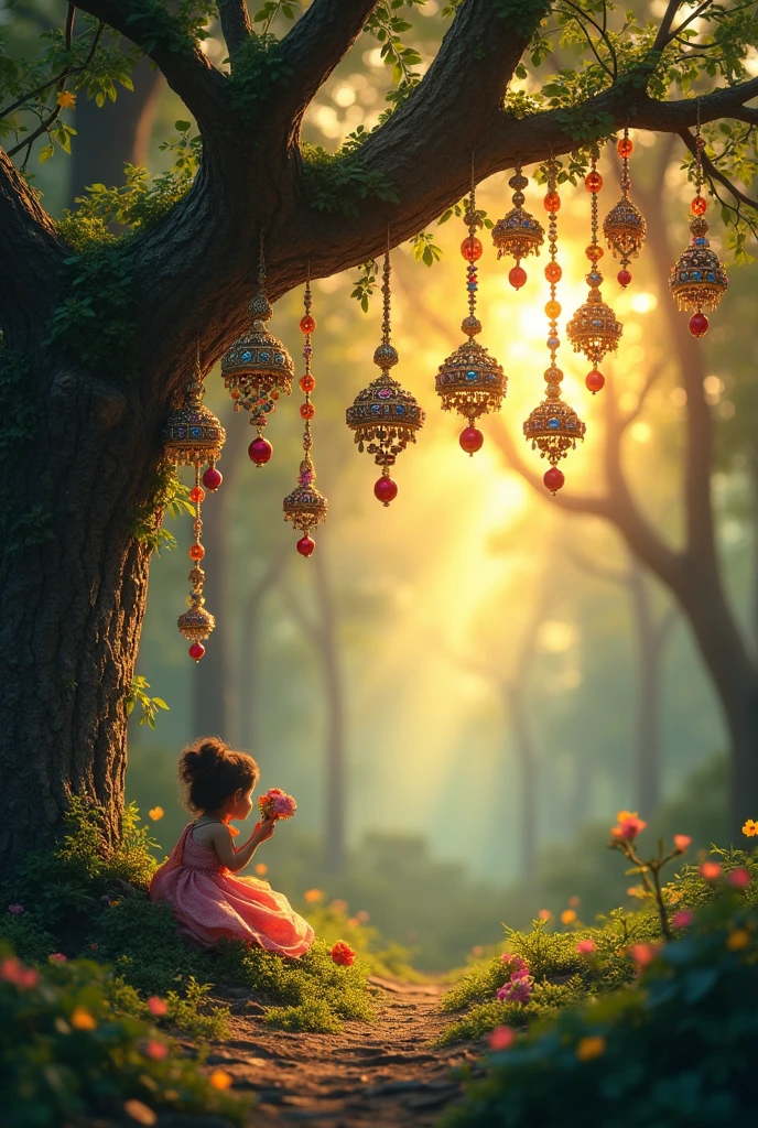 A fictional forest of jhumki where all the tress bear 24 sets of jhumki hanging and sun in the background.
