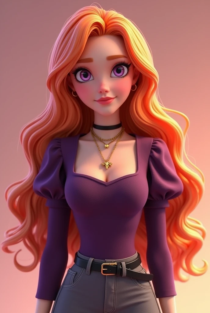 Vanessa is a very beautiful fifteen-year-old girl with snow-white skin, She has long, wavy, bright light orange hair that is usually styled half up with two strands falling down her beautiful face.,She has almond-shaped eyes, a light lilac purple color., her face is heart-shaped and she has a small nose and salmon pink lips, She wears a dark purple tight-fitting long-sleeved shirt with puffed arms and a square cut at the top of the chest but without being low-cut, in addition to wearing three necklaces., He is wearing smart grey trousers with a thin black leather belt and black ankle boots..((3D style)) ((Style Miraculous ladybug)).