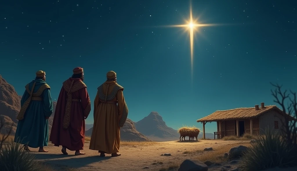 biblical history:
fund: Place a night image of Bethlehem with a bright star in the sky. The star should be the focal point at the top of the image., softly illuminating the scene below.
mages: Place three magicians in rich oriental clothes, walking towards the manger where Jesus is. They should carry gifts and look at the star with reverence..