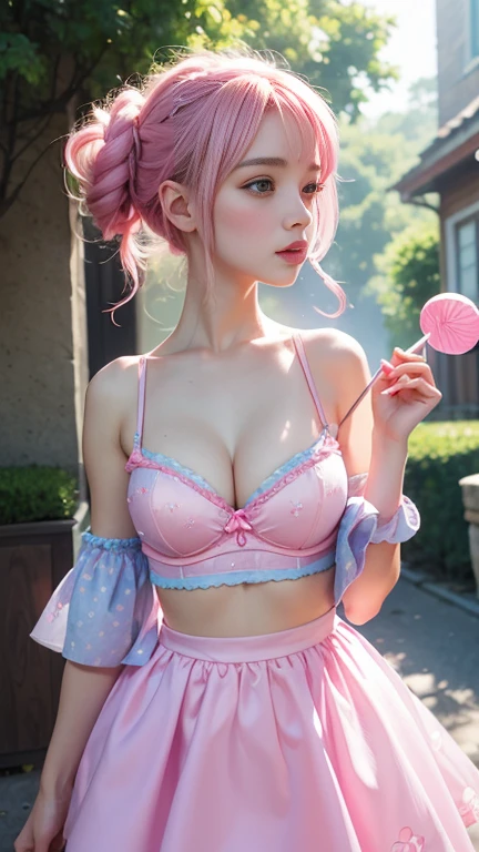 a woman in a pink and blue outfit holding a lollipop, beautiful breasts ,bare shoulders, push up bra, trending on cgsociety, fantasy art, y 2 k cutecore clowncore, sexy gaze, recusion beeple, little bo peep, anime colored style