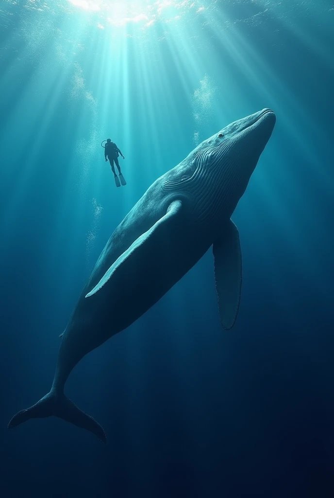 A massive blue whale swimming in the deep ocean with a human diver nearby for scale.