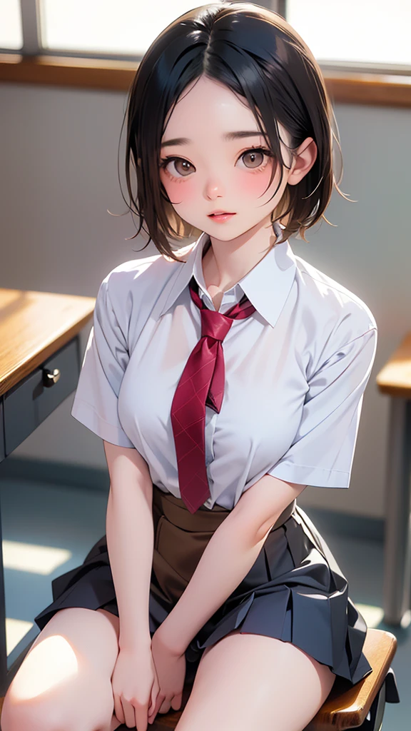 (Tabletop, Highest quality:1.2), 8k,LD, 85mm, Official Art, RAW Photos, Absurd, White dress shirt, Cute Face, close, Shooting from knee to overhead, beautiful girl,(Light brown eyes:1.3) , (Navy Pleated Skirt:1.1), ((Plump breasts)),((Squeeze the waist)), Thighs, Short sleeve, classroom,Black Hair, short hair、(Putting out your forehead),Sit on a desk,Gaze at the photographer, No makeup, (smile:0.4), Film Grain, chromatic aberration, Sharp focus, Face Light, Bright lighting, Teen, Detailed face, Background Blur, (Dark red tie:1.1)、日本の学校のclassroom、classroom,