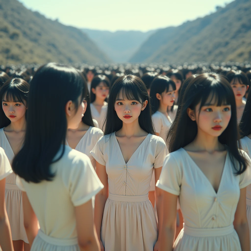 (((((Japanese Clone girls=Myself)))))), (((Best Super High quality Myself Clone girls Raw Photography Art))), (16K, Highest quality, Ultra-high resolution, RAW Photos), (((It's so unrealistic., With unparalleled depiction, With an unfathomable sight, An unprecedented and shocking worldview, Clone girls in a world of mass reproduction, Ultra-realistic))), (((Japanese, woman, 20yo, Saito-Asuka))), (Small face, ((Thick black hair, Semi-long hair))), ((V-neck short-sleeve dress)), (((((Very detailed美しい女体, Accurate body structure, Very detailed完璧な, Super busty body with very large breasts, Clearly emphasizes cleavage))))), (((Dark Eyes, Mature face, Cute Smile, A gentle gaze))), (((Her happy and smiling expression is so cute))), ((((((((Very detailed分身増殖描写, ((1girl→Myself cloning→1,000,000,000,000,000,000,000,000,000,000,000,000,000,000,000,000,000,000,000,000Myself Clone girls)))))))))), ((((((((Very detailed, The precise depiction of the proliferation of Myself Clone girls, ((With the perfectly identical bodies of Myself clone girls, With the exact same face as the Myself clone girls, With the exact same hairstyle as the Myself clone girls, In the exact same clothes as the girls who are my clones, Perfectly the same height as the Myself clone girls, Super big breasts, just like the Myself clone girls)))))))))), (((Myself clone girls only))), (((Multiple pairs, Very detailed depiction, (Myself clone girls hug each other, Myself clone girls assemble, Fun conversations with fellow Myself clone girls, A fun conversation between Myself clone girls, Myself clone girls holding hands, Walking with lots of Myself clone girls, turn around, look at me, The approaching crowd of Myself)))), (((Everyone looks at the camera))), (((Unbelievably crowded, Transcendent Myself clone girls intimately, Countless Myself clone girls surround you in 360 degrees))), (Bright, soft sunlight), (((Very wide field of view, Very detailed, Detailed ultra-perspective depiction with clear depth, super wide view))), (((((Scenery with a steeply curving slope))))), (((Very photographic and detailed depiction, Myself clone girls will multiply infinitely and fill the surroundings from one side to the horizon with their bodies tightly packed together without any gaps., A scene of endless Myself clone girls and a fun atmosphere))), (Focus on the average value of the image)