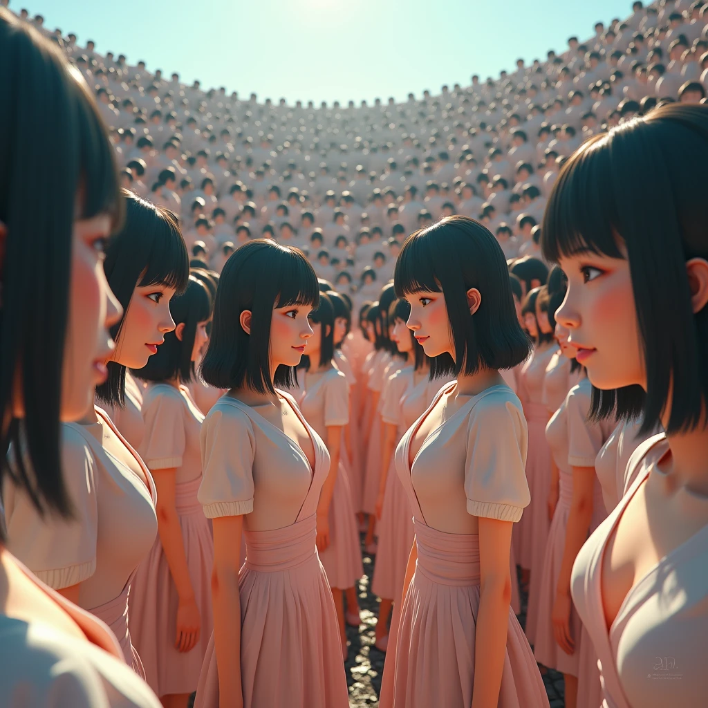 (((((Japanese Clone girls=Myself)))))), (((Best Super High quality Myself Clone girls Raw Photography Art))), (16K, Highest quality, Ultra-high resolution, RAW Photos), (((It's so unrealistic., With unparalleled depiction, With an unfathomable sight, An unprecedented and shocking worldview, Clone girls in a world of mass reproduction, Ultra-realistic))), (((Japanese, woman, 20yo, Saito-Asuka))), (Small face, ((Thick black hair, Semi-long hair))), ((V-neck short-sleeve dress)), (((((Very detailed美しい女体, Accurate body structure, Very detailed完璧な, Super busty body with very large breasts, Clearly emphasizes cleavage))))), (((Dark Eyes, Mature face, Cute Smile, A gentle gaze))), (((Her happy and smiling expression is so cute))), ((((((((Very detailed分身増殖描写, ((1girl→Myself cloning→1,000,000,000,000,000,000,000,000,000,000,000,000,000,000,000,000,000,000,000,000Myself Clone girls)))))))))), ((((((((Very detailed, The precise depiction of the proliferation of Myself Clone girls, ((With the perfectly identical bodies of Myself clone girls, With the exact same face as the Myself clone girls, With the exact same hairstyle as the Myself clone girls, In the exact same clothes as the girls who are my clones, Perfectly the same height as the Myself clone girls, Super big breasts, just like the Myself clone girls)))))))))), (((Myself clone girls only))), (((Multiple pairs, Very detailed depiction, (Myself clone girls hug each other, Myself clone girls assemble, Fun conversations with fellow Myself clone girls, A fun conversation between Myself clone girls, Myself clone girls holding hands, Walking with lots of Myself clone girls, turn around, look at me, The approaching crowd of Myself)))), (((Everyone looks at the camera))), (((Unbelievably crowded, Transcendent Myself clone girls intimately, Countless Myself clone girls surround you in 360 degrees))), (Bright, soft sunlight), (((Very wide field of view, Very detailed, Detailed ultra-perspective depiction with clear depth, super wide view))), (((((A place with a steeply curved slope))))), (((Very photographic and detailed depiction, Myself clone girls will multiply infinitely and fill the surroundings from one side to the horizon with their bodies tightly packed together without any gaps., A scene of endless Myself clone girls, giving a happy vibe.))), (Focus on the average value of the image)