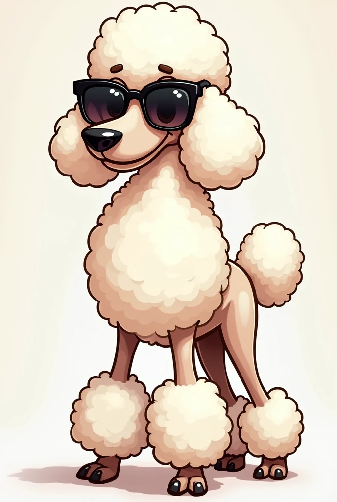 Create a cartoon design of a snooty giant poodle dog with sunglasses standing proudly in front of him for a book cover