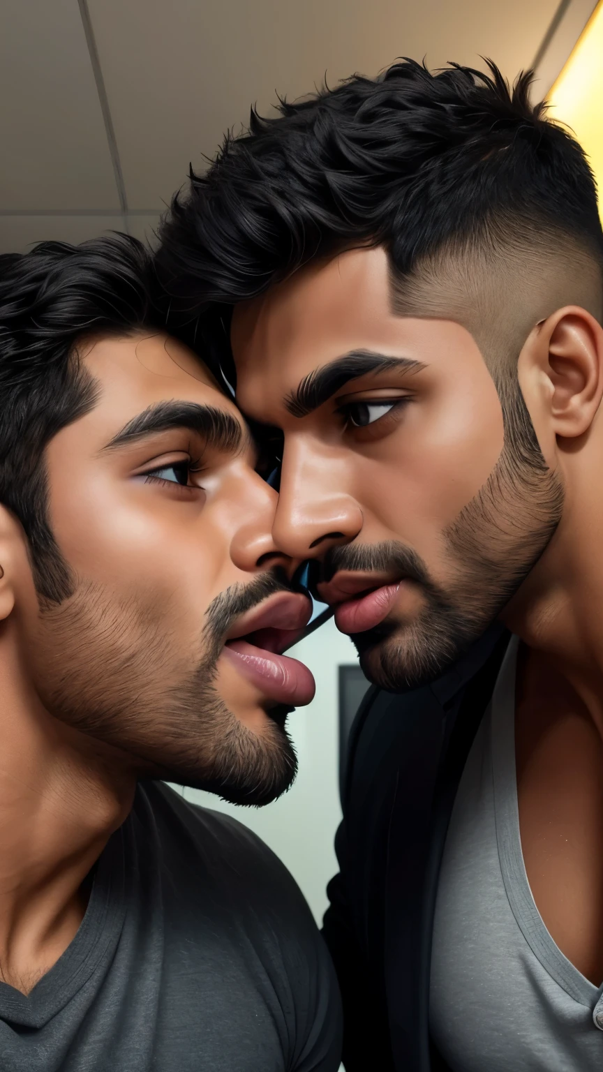 Pehlwan man Indian Gurjar gay couple wetty mouth to mouth tounge to tounge kissing and sucking lower lip, bitting lower lip during kissing saliva dripping from mouth with big shinning eyes big lips wide jawline beautiful hunk face spiky black hairstyle, seductive kissing in office 