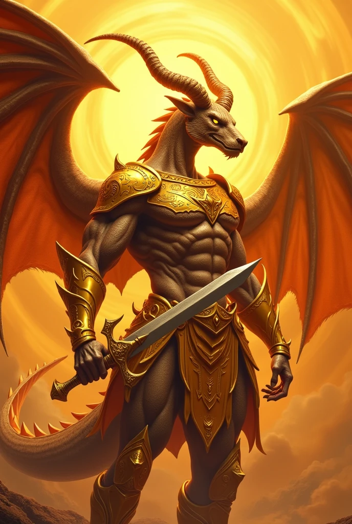 Make an image of a dragon-human hybrid with golden Capricorn armor,with the scalibur with the blessing of Athena and with dragon wings, with the color orange
