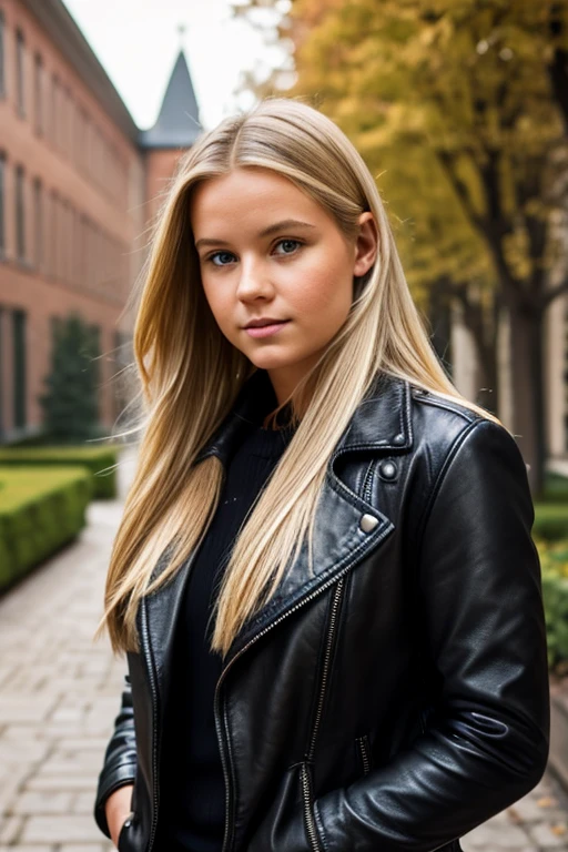 Medium view, of young aged, face portrait, Scandinavian features,long hair, chubby, blond hair, high quality, pretty, gorgeous, beautiful, black leather jacket over sweater, in cozy college courtyard,