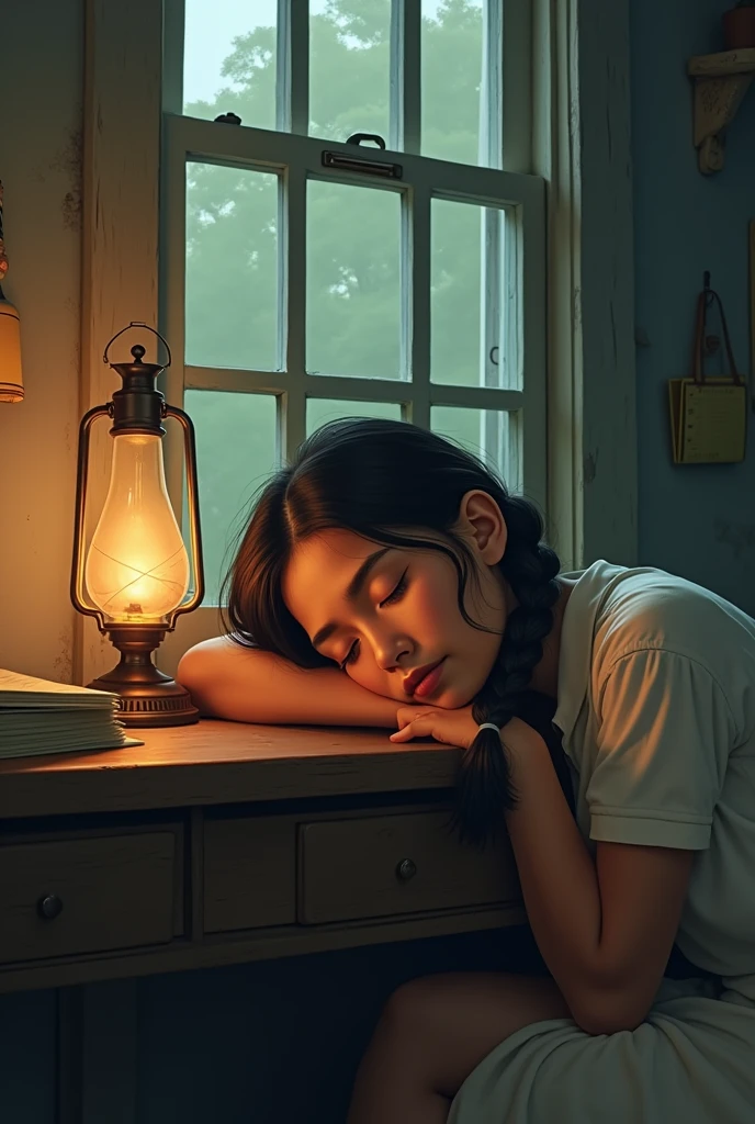 Profile picture filipino lady with shoulder length braids sleeping on desk in front of winder with oil lamp near her 2d style