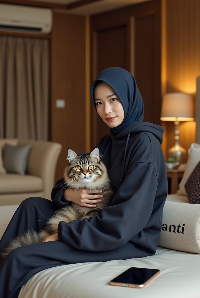 Beautiful Korean girl, smooth white skin, well-groomed face, dark blue hijab, dark blue hoodie, dark brown jamsuit, sitting on a luxurious bed with a bolster pillow bearing the name Santi while hugging a large Angora versia cat, on the table is an iPhone laptop, Luxurious interior background, there is a sofa, AC in the luxurious room, looks authentic, real and realistic in the photo