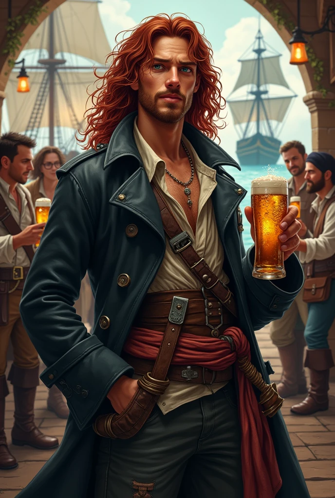 ((best quality)), ((masterpiece)), (detailed), A young pirate, full body DnD style. A young pirate in his thirties, with long, curly dark red hair, a light beard, and dark green eyes. He wears a black leather pirate trench coat with a light unbuttoned shirt and a damaged vest.. Around his waist he wears a sash with a belt and two swords on top.. He is having fun drinking with a dreamy look together with other young sailors in the pub while in the background there are various ships of a pirate port.