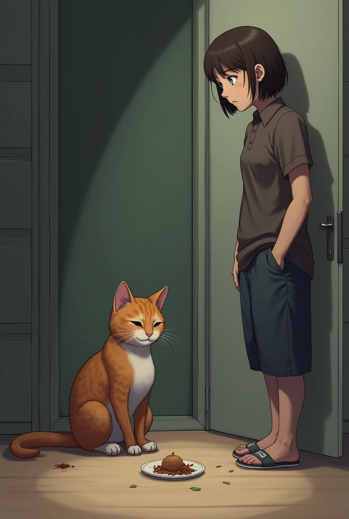 The cat sits in a corner with a small, sad-looking portion of food in front of it, clearly being put on a diet. The owner stands nearby with a stern but caring look.