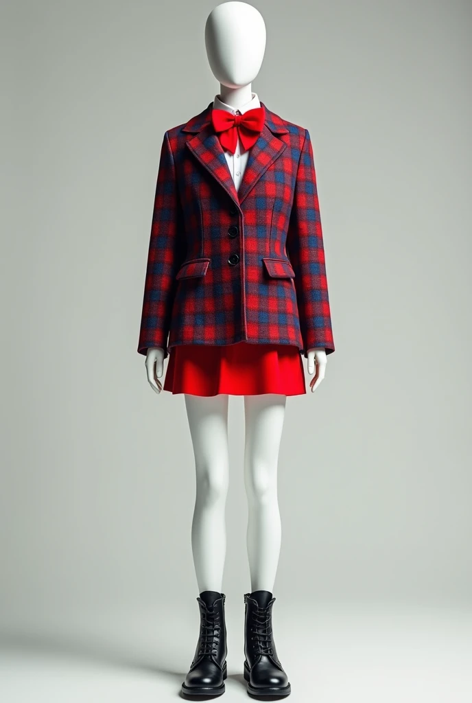 Mannequin, Korean school uniform, red and blue plaid waist-length coat, red skirt above the knee, red bow tie, black boots with laces 