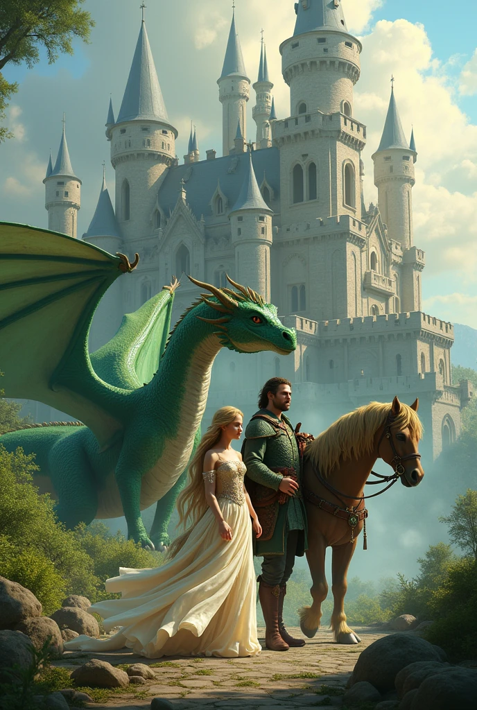 a castle with a princess and a prince, Behind them a green dragon and a horse.