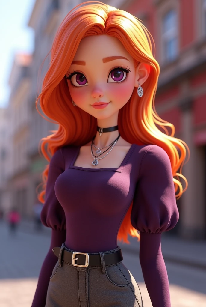 Vanessa is a very beautiful fifteen-year-old girl with snow-white skin, She has long, wavy, bright light orange hair that is usually styled half up with two strands falling down her beautiful face.,She has almond-shaped eyes, a light lilac purple color., her face is heart-shaped and she has a small nose and salmon pink lips, She wears a dark purple tight-fitting long-sleeved shirt with puffed arms and a square cut at the top of the chest but without being low-cut, in addition to wearing three necklaces., He is wearing smart grey trousers with a thin black leather belt and black ankle boots..((3D style)) ((Style Miraculous ladybug)).