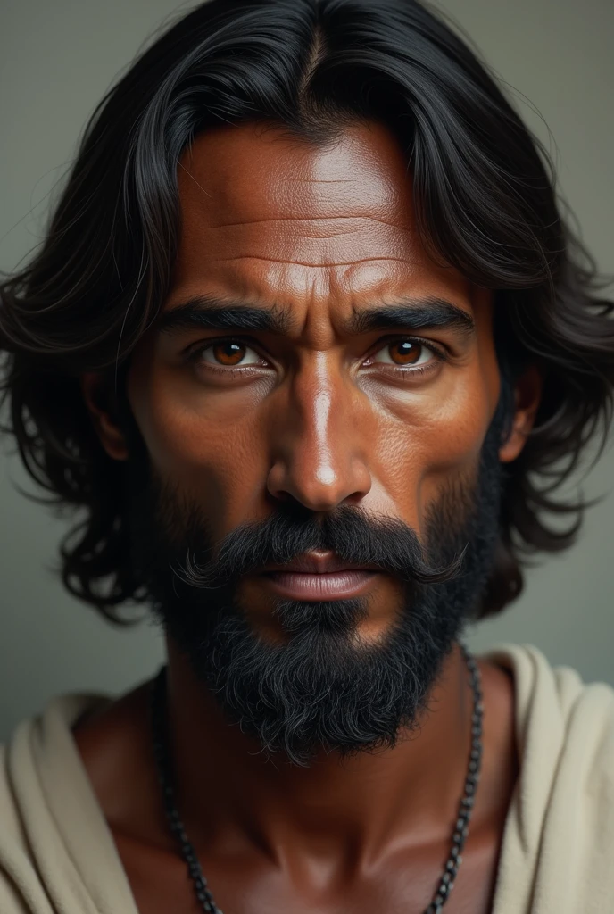 Photorealistic image of Jesus Christ , dark complexion, short hair, patient and captivating look.