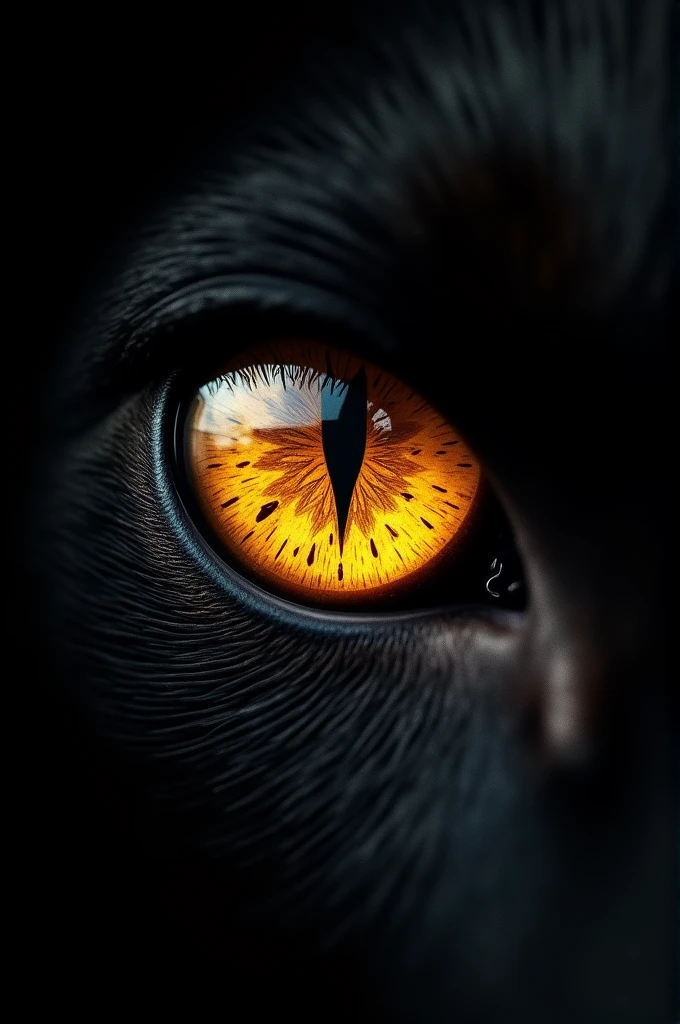 "Create an image focused on a single, intense animal eye with a vertical slit pupil. The eye should be amber or golden in color, with a sharp contrast against the surrounding dark, shadowy background. The image should evoke a sense of mystery and power, highlighting the reflective and detailed texture of the eye. The lighting should emphasize the depth and shine of the eye, making it the focal point of the image."