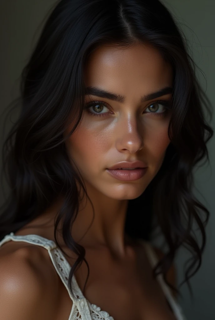 Victoria is a brunette with medium-tall, thin, straight hair who had left facial paralysis, black skin, a delicate but seductive face with slightly slanted eyes and simple, sexy, realistic makeup. 